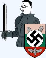 arm armor big_lips bulgaria chud classical_art_parody closed_mouth facing_away flag:bulgaria glasses grin hair half_body hand holding_object holding_sword knight nazism shading shield side_profile smile swastika sword thick_eyebrows transparent_background variant:chudjak // 804x1003 // 178.5KB