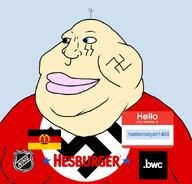 artist:toniylijani baby_hair bwc closed_mouth eyes_like_the_o-o-cean fat flag:east_germany flag:nazi_germany gynaecomastia hairlessaryan1488_(mythical_creature) hairynigga468 hello_my_name_is_(sticker) hesburger hockey nazism nhl obese schutzstaffel series:muttverse series:nonexistant_namefags smile swastika trend:slopjak variant:meximutt white_skin wholesome // 888x849 // 38.1KB