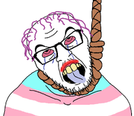 angry bloodshot_eyes flag flag:transgender_pride_flag front_facing glasses hair hanging lipstick noose open_mouth purple_hair rope soyjak stubble subvariant:feraljak_front suicide tear tongue tongue_out tranny transgender_flag transparent_background troon variant:feraljak yellow_teeth // 1230x1064 // 77.1KB
