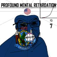 angry bald black_hole black_sclera clenched_teeth closed_mouth cracked_teeth drool ear flag flag:maine flag:united_states glasses iq iq_bell_curve maine nightmare_fuel no_pupils profound_mental_retardation retard soyjak state stubble text united_states variant:feraljak wrinkles // 1024x1024 // 204.5KB