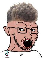 amerimutt black_sclera broccoli_hair brown_skin ear glasses hair mutt nike open_mouth stubble tiktok variant:soyak white_background white_shirt zoomer // 710x950 // 296.8KB