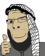 arab beard closed_mouth clothes glasses hand hat islam keffiyeh smile smug soyjak stubble subvariant:nucob template thob thumbs_up variant:cobson wink // 541x671 // 62.5KB