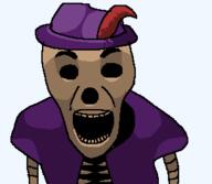clothes hat meta:tagme_(character_name) open_mouth purple_shirt ribs skeleton skull soyjak variant:el_perro_rabioso // 303x263 // 6.5KB