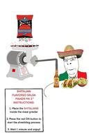 arm avocado bag blond blood blue_eyes bowl button countrywar crying ear eyebrows flag flag:italy flag:mexico glasses hair hanging hot_sauce instructions meat_grinder open_eyes open_mouth pipe plate rope shirts shoulder smile sombrero stubble subvariant:nucob tacos text variant:chudjak variant:cobson variant:gapejak warning white_sclera // 2048x2732 // 379.4KB