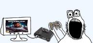 arm cable console controller glasses goyslop hand holding_controller irl n64 open_mouth poopson soyjak stubble teeth television transparent_background variant:rarejak video_game // 1400x650 // 269.0KB