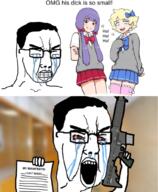 angry anime arm bloodshot_eyes clenched_teeth clothes crying firearm glasses gun hair hand hasebe_kazumi holding_gun holding_object holding_rifle leg manifesto mass_shooter open_mouth paper purple_hair rifle school_shooter screaming seething shimida_mami smile soyjak stubble text tongue variant:chudjak weapon white_skin yellow_hair // 841x1023 // 729.2KB