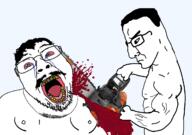 blood bloodshot_eyes buff cartel chainsaw chud clothes crime crying death fat glasses gore hair murder mustache open_mouth series:chud's_hitman soyjak stubble subvariant:chainsaw_bernd sweating template variant:bernd variant:chudjak // 1238x872 // 178.6KB