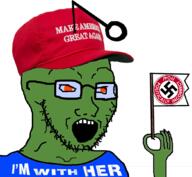 4chan animal antenna arm clothes donald_trump flag frog glasses green hand holding_flag holding_object maga nazism open_mouth orange_eyes pepe pol_(4chan) reddit redditard soyjak stubble swastika text variant:soyak // 1044x964 // 577.9KB