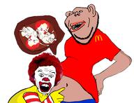 amerimutt angry brown_skin clothes clown ear horror mcdonalds open_mouth pregnant red_hair ronald_mcdonald soyjak stubble subvariant:impish_amerimutt variant:feraljak variant:impish_soyak_ears // 968x740 // 293.9KB