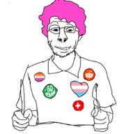 arm badge closed_mouth clothes ear flag:lesbian_pride_flag flag:switzerland flag:transgender_pride_flag fork glasses hair hand heart holding_knife holding_object knife lesbian pink_hair reddit smile snoo soyjak stubble switzerland tranny transheart variant:unknown vegan // 623x671 // 118.7KB