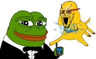 amphibian bloodshot_eyes clothes collar crying dog ear electricity frog glasses green_skin janny nas:pepe pepe_the_frog remote shocked skull suit variant:soyak yellow_skin // 1095x671 // 151.3KB