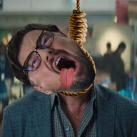 ack bloodshot_eyes blue_eyes clothes crying don't_look_up glasses hanging irl irl_background leonardo_dicaprio noose open_mouth rope soyjak suicide suit tongue variant:bernd white_skin // 686x686 // 120.1KB