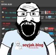 2soyjaks arm background balding beard blog book chive_(soyjak.blog) clothes glasses hair hand holding_object open_mouth q_(soyjak.blog) qa_(soyjak.blog) soyjak soyjak_blog subvariant:science_lover teeth text variant:markiplier_soyjak variant:soyak // 800x789 // 143.6KB