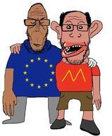 2soyjaks amerimutt angry arm blue_shirt brown_pants brown_skin ear euromutt flag:european_union friendship full_body glasses hair hand leg lips mcdonalds mutt open_mouth red_shirt shoe star_(symbol) stubble subvariant:euromutt variant:markiplier_soyjak // 1433x1728 // 164.9KB