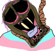 brown_skin brown_troonjak crying distorted eyes_popping fangs missing_teeth mustache purple_hair tongue tranny ugly // 768x719 // 465.4KB