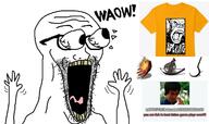 arm clothes dark_souls eyes_popping glasses hand hands_up open_mouth soyjak stubble subvariant:waow text tongue tshirt twitch variant:soyak video_game waow yellow_teeth // 1284x762 // 164.3KB