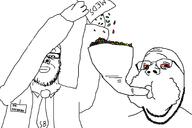 2soyjaks arm bloodshot_eyes clothes doctor dr_soyberg eating hand holding_object hopper meds necktie soyjak subvariant:wholesome_soyjak variant:a24_slowburn_soyjak variant:gapejak // 1800x1200 // 213.5KB