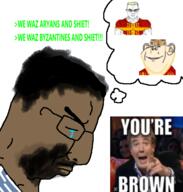 blond blue_eyes brown_eyes brown_skin glasses green green_text sloptranwnbag_(namefag) subvariant:chudjak_front subvariant:muscular_chud text trend:aryan variant:chudjak variant:impish_soyak_ears you're_brown // 500x526 // 167.5KB