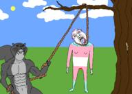 2soyjaks animal arm bloodshot_eyes buff clothes crying drawn_background ear flag full_body glasses grass grey hair hand hanging holding_object holding_rope irl leg lynching mustache neovagina noose open_mouth outdoors purple_hair rope smile smug soyjak stubble subvariant:ominous_impish_squirrel suicide tail tongue tranny tree trend:squirreljakking variant:bernd variant:impish_soyak_ears yellow_teeth // 2100x1500 // 87.0KB