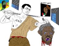 2soyjaks arm art berber blood bloodshot_eyes brown_skin chud classical_art_parody closed_mouth clothes crying ear frog gigachad glasses gore hair hand holding_object holding_severed_head holding_sword morocco mustache nipple nsfw open_mouth pepe redraw severed_head soyjak stubble sword text tongue united_arab_emirates variant:bernd variant:chudjak variant:wojak weapon yellow_teeth // 1200x931 // 164.5KB