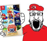 clothes glasses hat holding_object mario mario_hat nintendo nintendo_switch open_mouth red_hat red_shirt soyjak stubble subvariant:phoneplier subvariant:phoneplier_vertical super_mario_3d_all-stars variant:markiplier_soyjak video_game // 720x628 // 518.6KB