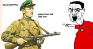 arm bloodshot_eyes clothes communism crying fat glasses gynaecomastia hair hand nazism open_mouth pointing ppsh soviet_union soyjak swastika text tshirt variant:chudjak // 1097x576 // 108.4KB