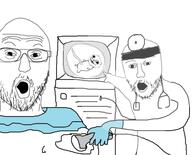 3soyjaks arm baby clothes deformed doctor full_body glasses glove hand head_mirror holding_object implied_abortion mother mustache open_mouth pointing smile soyjak stethoscope stubble subvariant:nathaniel television ultrasound variant:gapejak variant:two_pointing_soyjaks // 540x437 // 75.6KB