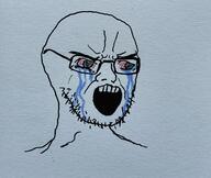 bloodshot_eyes crying glasses irl open_mouth redraw soyjak stubble variant:soyak // 1696x1434 // 490.3KB