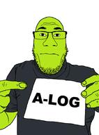 a-log bald beard black_shirt glasses green_skin hand kiwifarms lolcow pointing sign subvariant:nuplier text variant:markiplier_soyjak // 676x913 // 43.1KB