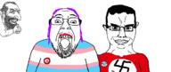 2soyjaks alternate badge clothes ear flag glasses hair happy_merchant hat judaism kippah mustache nazism open_mouth purple_hair smile smug soyjak stubble subvariant:chudjak_front swastika tranny variant:bernd variant:chudjak // 1192x502 // 146.4KB