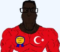award badge brown_eyes bull clothes countrywar crescent euromutt flag flag:turkiye hair islam kara_boga muscles nigger star_(symbol) subvariant:euroaryan subvariant:euromutt subvariant:muscular_chud turk turkiye variant:chudjak // 1059x929 // 57.4KB