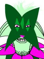 animal clown feline glasses green_fur grin hair mask meowscarada pink_eyes pokemon pokemon_sv soyjak stubble variant:markiplier_soyjak // 600x800 // 40.2KB