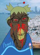 4chan anime bant_(4chan) blood bloodshot_eyes brown_skin ear garbage glasses green_hair hair irl_background nosebleed qa_(4chan) reddit soyjak stubble subvariant:feralrage tranny trash variant:feraljak yotsoyba // 892x1216 // 989.1KB