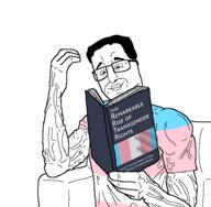 book book_cover chair chud flag:transgender_pride_flag glasses holding_book holding_object muscles muscular_male reading smile smirk soyjak subvariant:chud_reading trans_rights variant:chudjak // 528x516 // 65.4KB