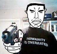 arm closed_mouth ear glasses gun hand holding_gun holding_object holding_pistol irl pistol soyjak subvariant:chudjak_front variant:chudjak // 719x684 // 391.0KB