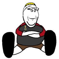 award clothes crossing_arms glasses hair medal nate shoe shorts smile stubble subvariant:wholesome_soyjak text variant:gapejak yellow_hair // 400x400 // 7.6KB