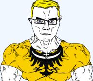 animal arm bird blue_eyes buff closed_mouth clothes country eagle flag flag:lower_silesian glasses hair lower_silesian poland soyjak subvariant:chudjak_front subvariant:muscular_chud transparent transparent_background tshirt variant:chudjak vein voivodeship yellow_hair // 1059x929 // 99.6KB