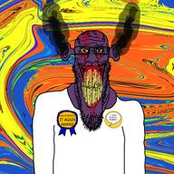 award badge blood bloodshot_eyes clenched_teeth ear hallucination purple_skin schizo smoke variant:markiplier_soyjak yellow_sclera yellow_teeth // 1439x1439 // 1.1MB