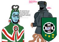 alien armor blue_lips blue_skin green_clothes grey_skin headdress holding_object holding_shield horn multiple_eyes sci-fi shield variant:chudjak variant:soyak // 1806x1306 // 488.1KB