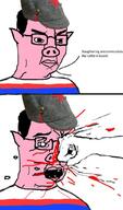 broken_glasses clothes communism ear fist glasses hair hat open_mouth pig punch russia teeth text variant:chudjak // 603x1024 // 85.1KB