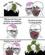 amphibian angry antifa beard bloodshot_eyes chud clothes comic crying cuck frog glasses laughing liberal libtard mask meta:not_oc nas:pepe nas:wojak pepe pepe_the_frog pink_hair red_eyes simp sjw soyboy soyjak suit tear teeth text variant:cryboy_soyjak variant:soyak variant:wojak white_background wojak // 720x888 // 67.3KB