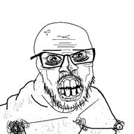 angry bad_teeth bloodshot_eyes glasses open_mouth soyjak stubble sweating ugly variant:feraljak // 1200x1200 // 279.3KB