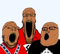 3soyjaks brown_skin confederate cross glasses nazism open_mouth siege soyjak soyjak_trio stretched_mouth stubble swastika variant:gapejak variant:markiplier_soyjak variant:tony_soprano_soyjak yellow_sclera yellow_teeth // 957x861 // 171.3KB