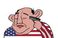arm balding closed_eyes closed_mouth clothes country ear firearm flag gun hair hand holding_gun holding_object holding_pistol pistol pointing soyjak suicide united_states variant:chudjak weapon // 1127x741 // 57.2KB