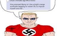 arm buff chad closed_mouth clothes ear flag:nazi_germany glasses mymy_(ongezellig) nazism ongezellig soyjak soyjak_party speech_bubble subvariant:chudjak_front subvariant:muscular_chud swastika text tshirt variant:chudjak white_skin yellow_hair // 457x295 // 31.6KB