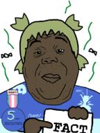 4chan anime badge bant_(4chan) cirno dark_skin discord fact flies green_hair hair hand holding_object sign soyjak stinky stubble text variant:alicia yotsoyba // 592x792 // 105.3KB