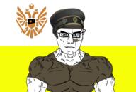 arm blue_eyes buff closed_mouth clothes eagle flag glasses hair highfleet military_cap nationalism soyjak subvariant:chudjak_front subvariant:muscular_chud tshirt variant:chudjak vein white yellow // 1016x680 // 257.5KB