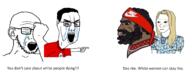 2soyjaks arm black_cuck black_skin bloodshot_eyes closed_eyes clothes crying ear glasses hair hand nazism nordic_chad open_mouth pointing soyjak stubble swastika text trad_wife tshirt variant:chudjak variant:soyak wojak // 2900x1172 // 1.1MB
