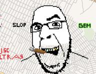 black_text eyebrows eyebrows_up glasses happy open_mouth pixel_art red_text smoke smoking soyjak stubble text variant:cobson wplace // 416x320 // 118.4KB