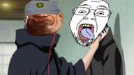 akatsuki_uniform anime glasses naruto_(series) open_mouth panted_nails soldier_(tf2) soyjak stone_island strangling stubble tongue variant:bernd yellow_teeth // 1280x718 // 765.6KB